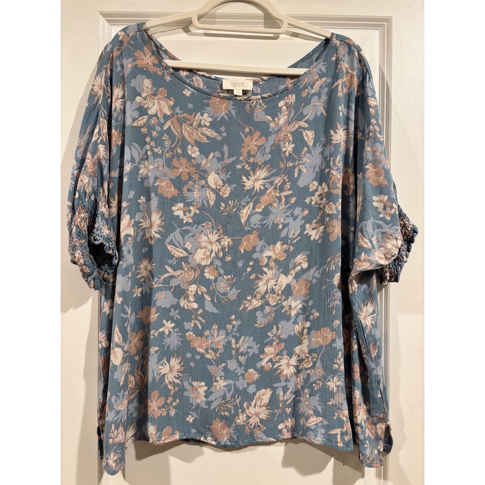 Oddi Womens Blue Floral Smocked Sleeve Blouse Top 1XL Boho Office